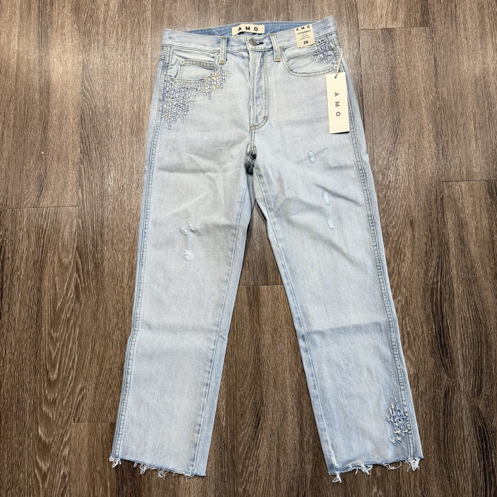 AMO Loverboy Hi Rise Relaxed Straight Embroidered Size 26 Made In USA
